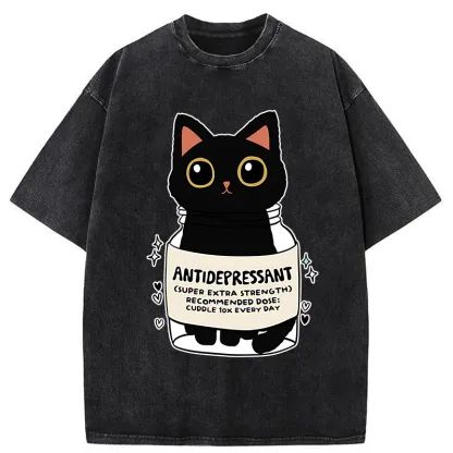 Tokyo-Tiger Antidepressant Black Cat Washed T-Shirt