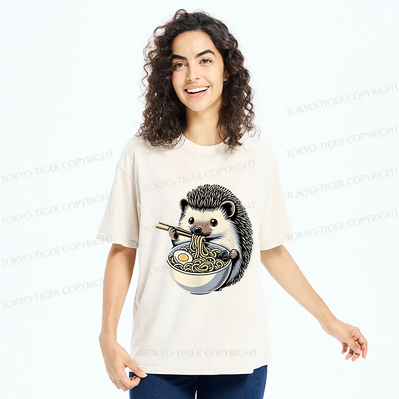 Tokyo-Tiger Hedgehog Eat Ramen Kawaii Washed T-Shirt