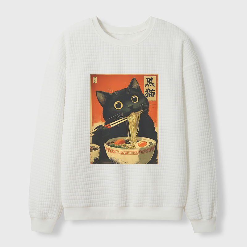 Tokyo-Tiger Black Cat Eats Japanese Ramen Retro Waffle Sweatshirt