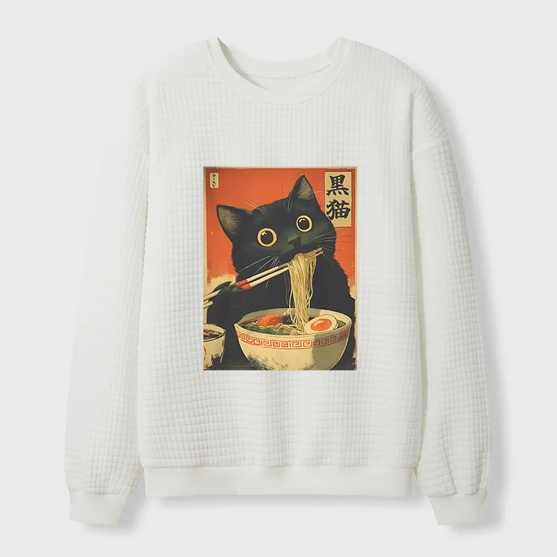Tokyo-Tiger Black Cat Eats Japanese Ramen Retro Waffle Sweatshirt