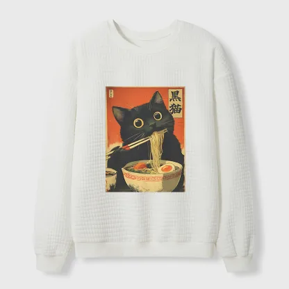 Tokyo-Tiger Black Cat Eats Japanese Ramen Retro Waffle Sweatshirt