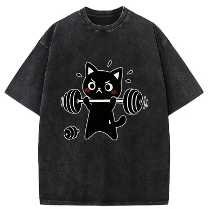 Tokyo-Tiger Black Cat Exercise Washed T-Shirt
