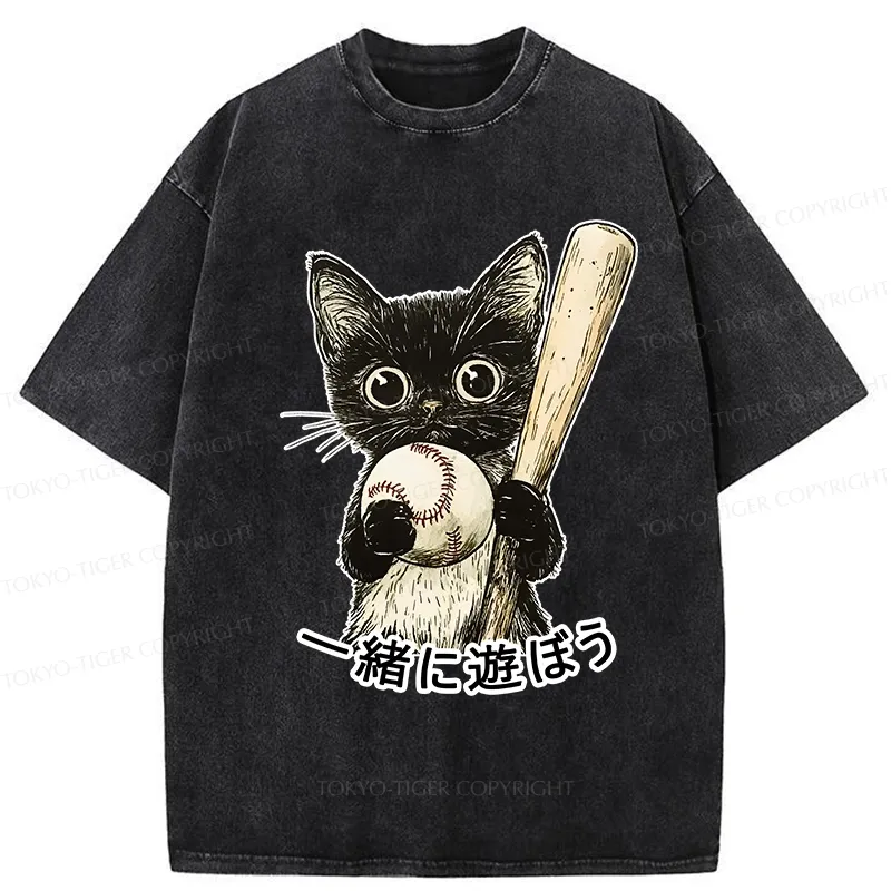 Tokyo-Tiger Cute Cat Playing Baseball Washed T-Shirt