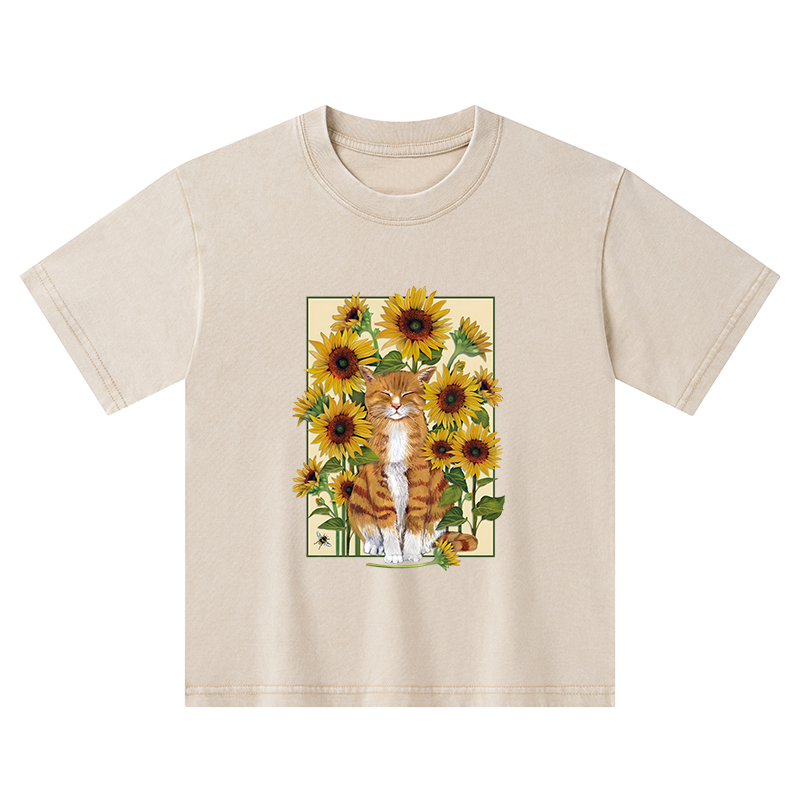 Tokyo-Tiger Sunflower And Orange Cat Kids Washed T-Shirt