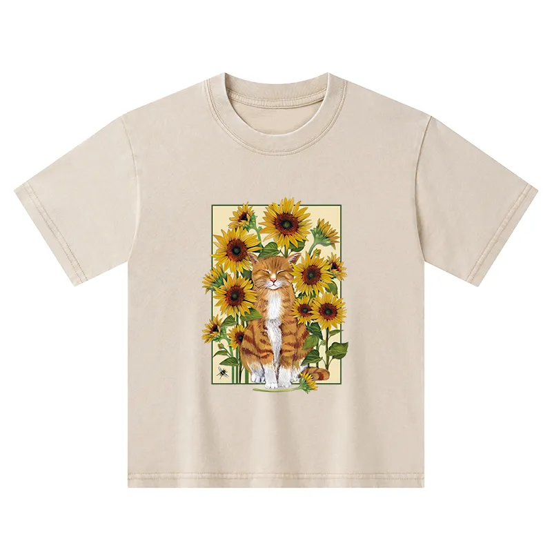 Tokyo-Tiger Sunflower And Orange Cat Kids Washed T-Shirt