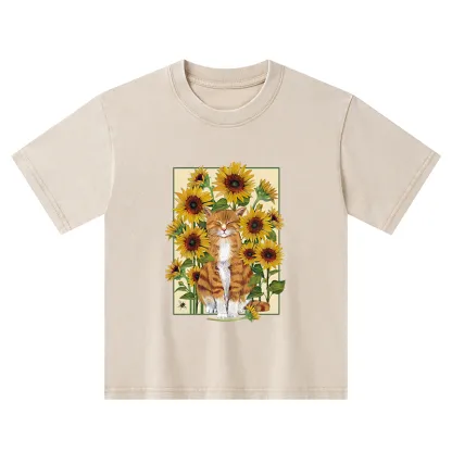 Tokyo-Tiger Sunflower And Orange Cat Kids Washed T-Shirt