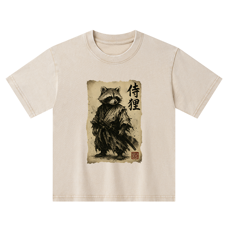 Tokyo-Tiger Retro Raccoon Samurai Kids Washed T-Shirt