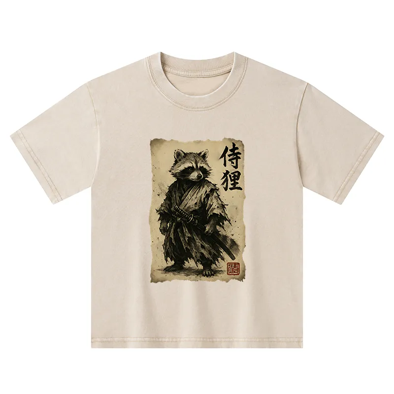 Tokyo-Tiger Retro Raccoon Samurai Kids Washed T-Shirt