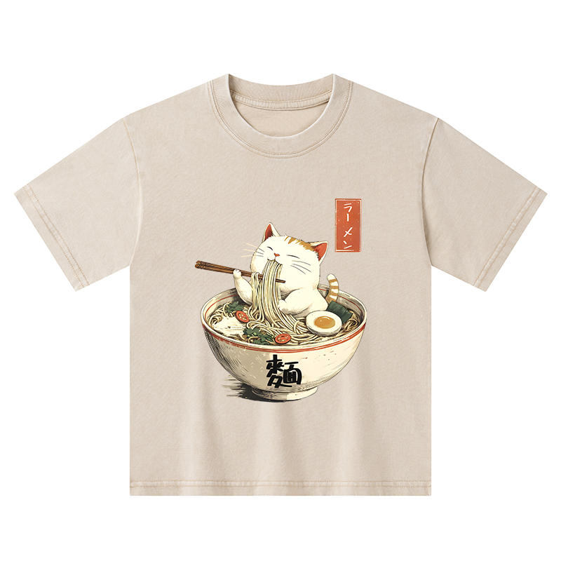 Tokyo-Tiger White Cat Eating Ramen Japan Kids Washed T-Shirt