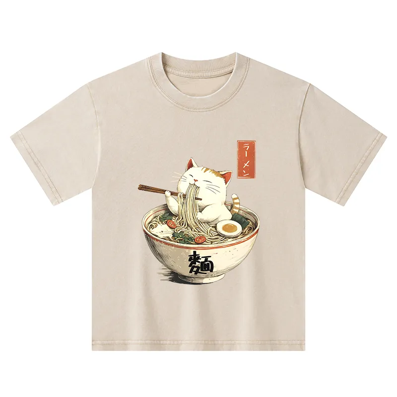 Tokyo-Tiger White Cat Eating Ramen Japan Kids Washed T-Shirt