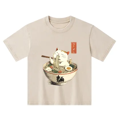 Tokyo-Tiger White Cat Eating Ramen Japan Kids Washed T-Shirt