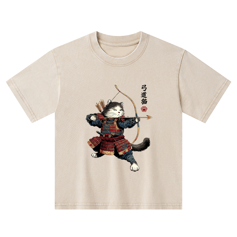 Tokyo-Tiger Kyudo Samurai Cat Kids Washed T-Shirt