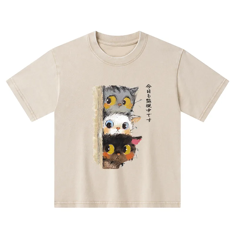 Tokyo-Tiger Three Cats Secretly Monitor Their Owner Kids Washed T-Shirt
