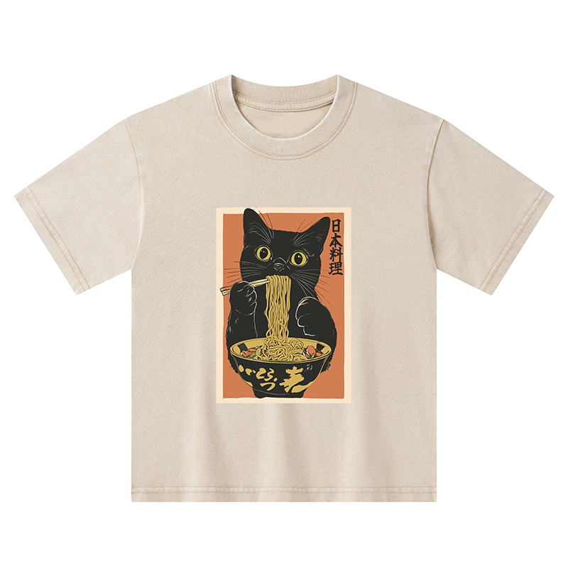 Tokyo-Tiger Black Cat Eats Japan Ramen Kids Washed T-Shirt