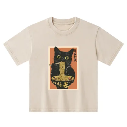 Tokyo-Tiger Black Cat Eats Japan Ramen Kids Washed T-Shirt