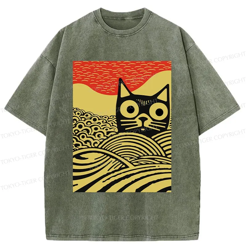 Tokyo-Tiger Woodcut Cat and Wave Washed T-Shirt