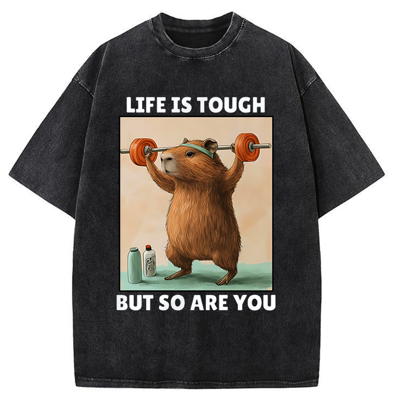 Tokyo-Tiger Capybara Lifting Weights Washed T-Shirt