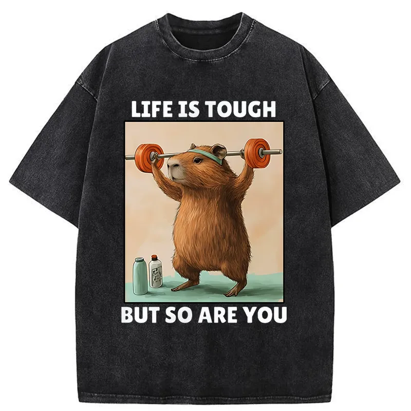 Tokyo-Tiger Capybara Lifting Weights Washed T-Shirt