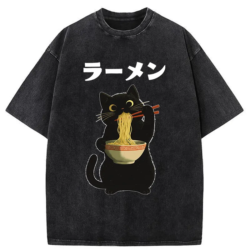 Tokyo-Tiger Black Cat Ate A Large Bowl Of Ramen Washed T-Shirt