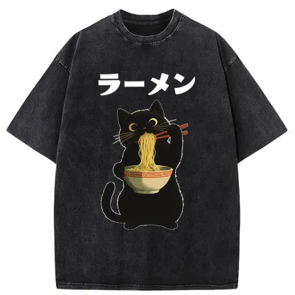 Tokyo-Tiger Black Cat Ate A Large Bowl Of Ramen Washed T-Shirt
