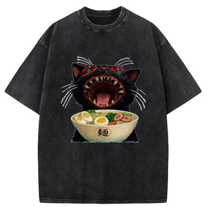 Tokyo-Tiger Black Cat Is Ready To Eat Ramen Washed T-Shirt