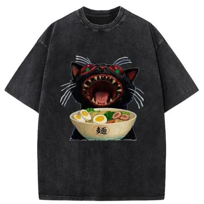 Tokyo-Tiger Black Cat Is Ready To Eat Ramen Washed T-Shirt