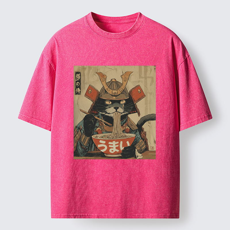 Tokyo-Tiger Cat Japanese Samurai Eating Ramen Washed T-Shirt