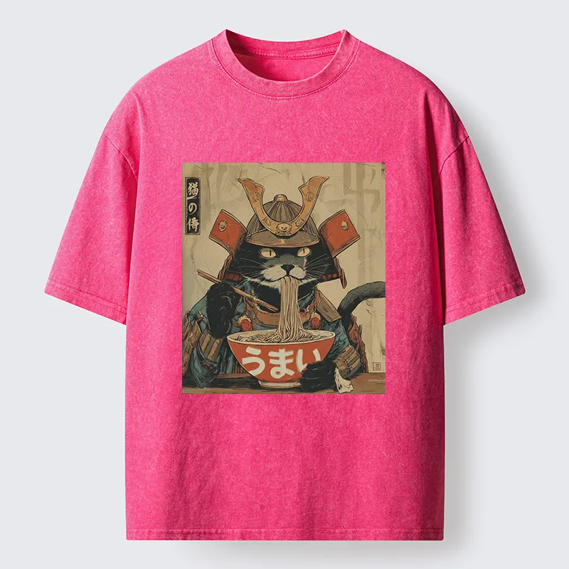 Tokyo-Tiger Cat Japanese Samurai Eating Ramen Washed T-Shirt