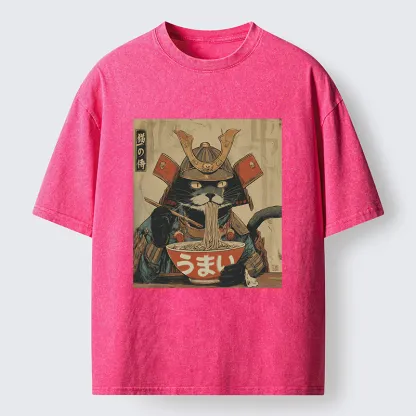 Tokyo-Tiger Cat Japanese Samurai Eating Ramen Washed T-Shirt