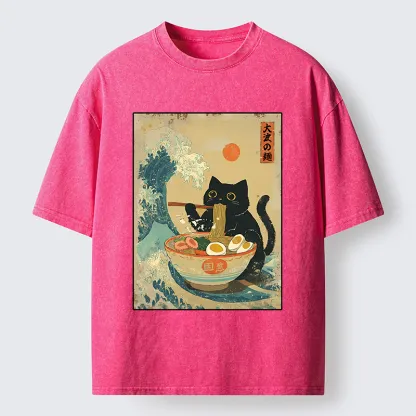 Tokyo-Tiger Cat Eats A Large Portion Of Ramen Washed T-Shirt