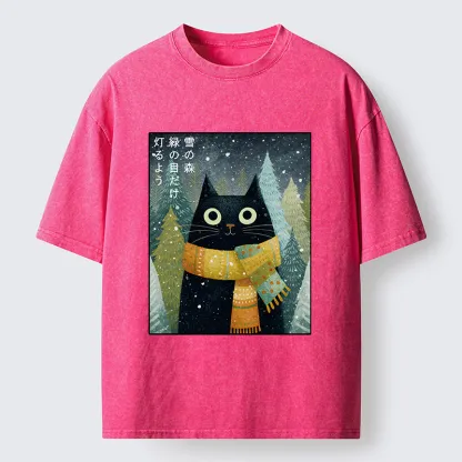 Tokyo-Tiger Black Cat With Green Eyes Washed T-Shirt