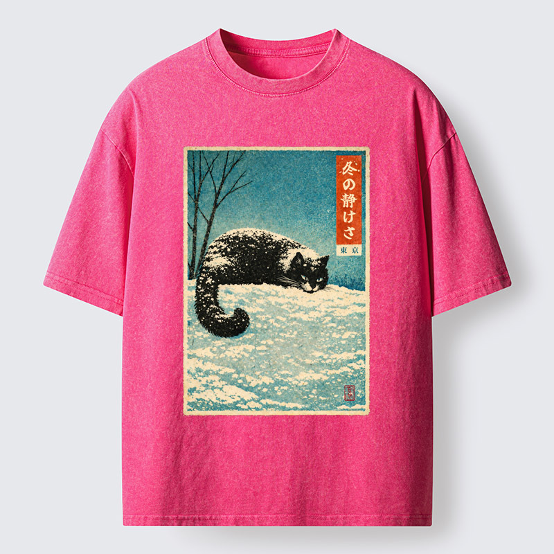 Tokyo-Tiger A Cat In Winter Silence Washed T-Shirt