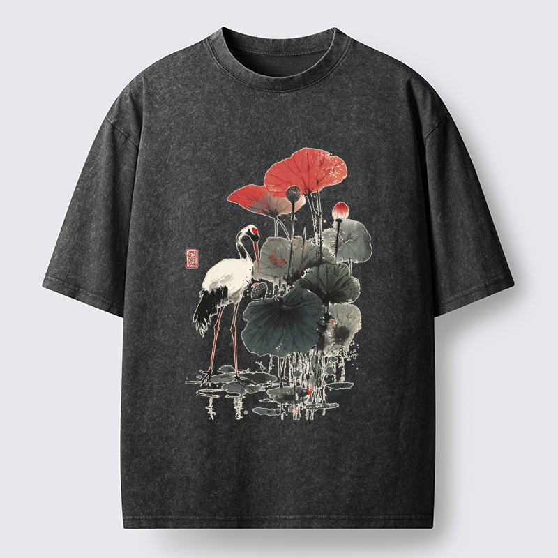 Tokyo-Tiger White Crane Among Lotus Washed T-Shirt