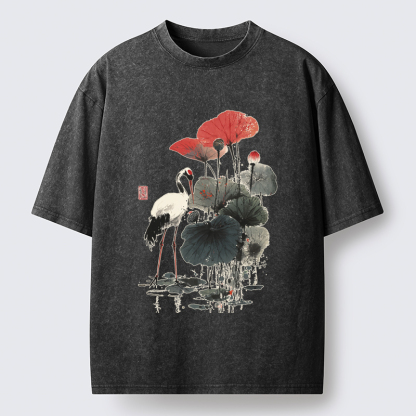 Tokyo-Tiger White Crane Among Lotus Washed T-Shirt