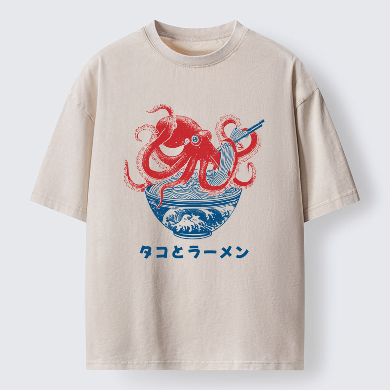 Tokyo-Tiger Octopus Eating Ramen Washed T-Shirt