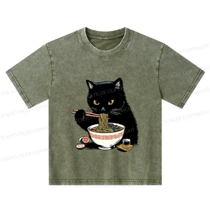 Tokyo-Tiger Cat Eating Favorite Ramen Kids Washed T-Shirt