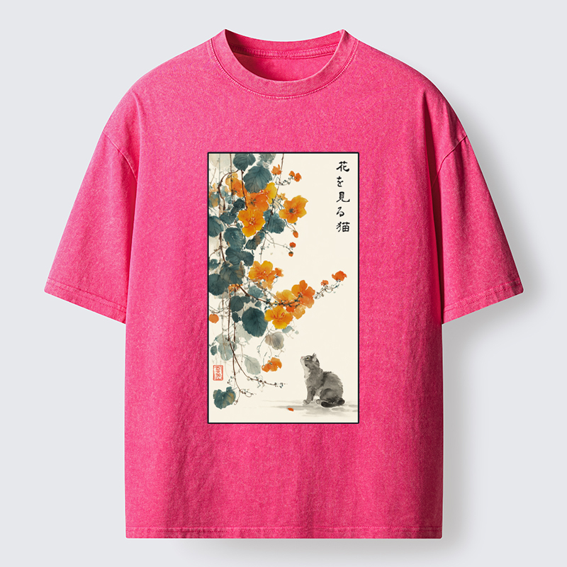Tokyo-Tiger A Cat Watching Flowers Washed T-Shirt