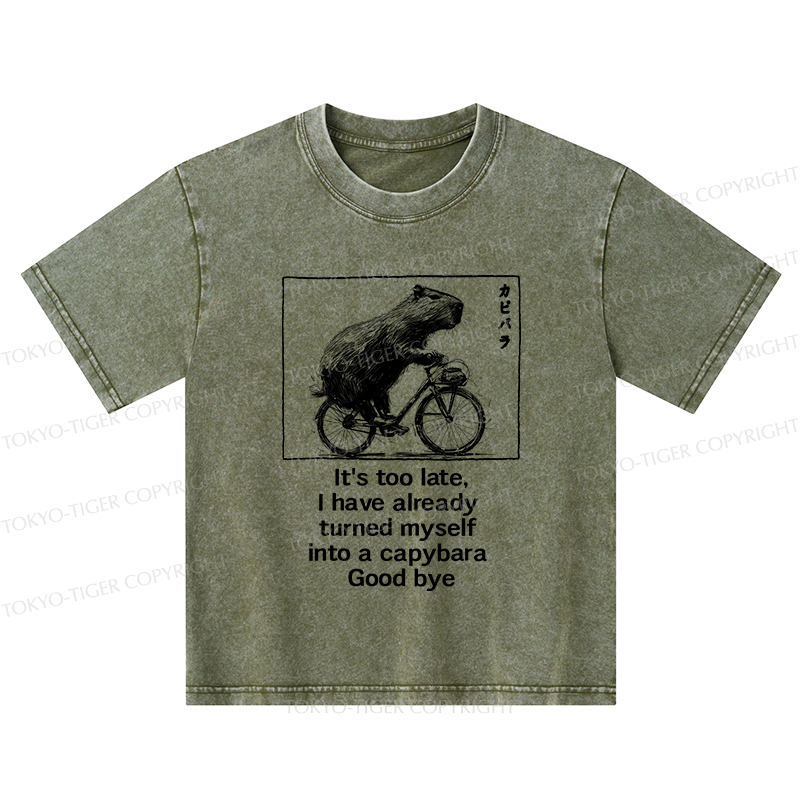 Tokyo-Tiger Funny Capybara Riding A Bicycle Kids Washed T-Shirt