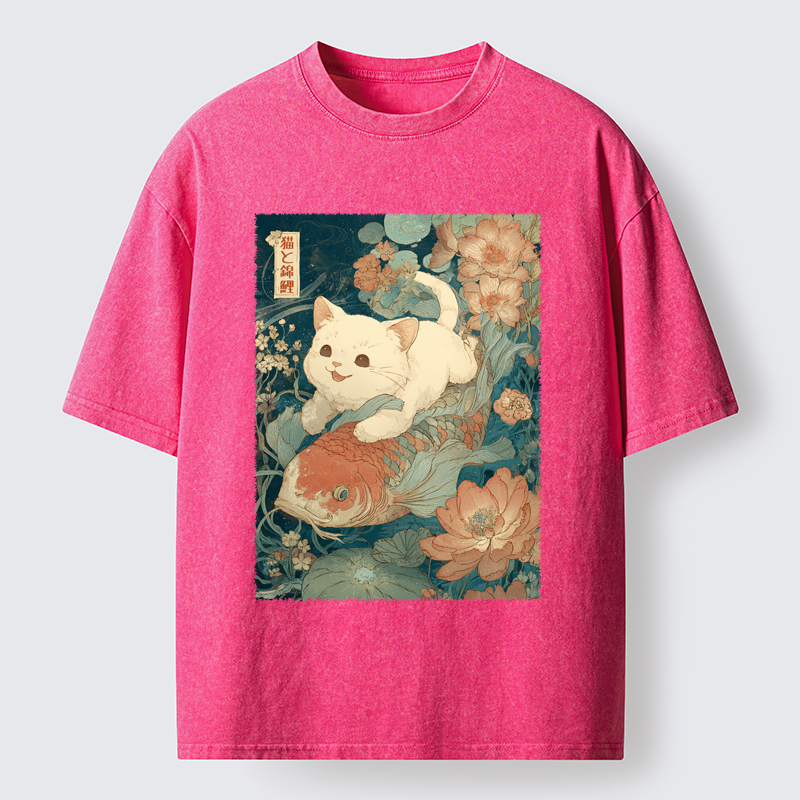 Tokyo-Tiger Cat And Koi Washed T-Shirt