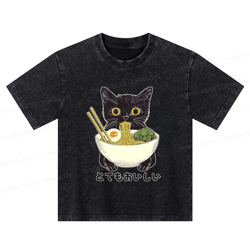 Tokyo-Tiger Ramen Lover Cute Cat Kids Washed T-Shirt