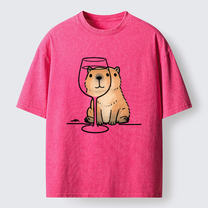 Tokyo-Tiger Capybara With A Glass Washed T-Shirt