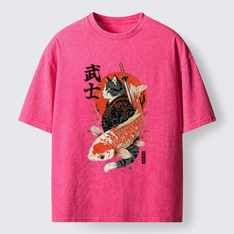 Tokyo-Tiger Samurai Cat And Koi Washed T-Shirt