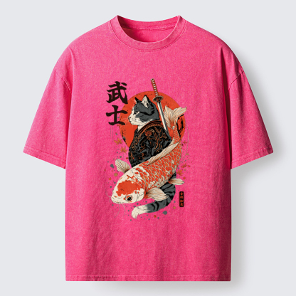 Tokyo-Tiger Samurai Cat And Koi Washed T-Shirt