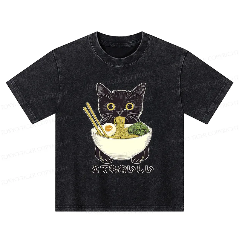 Tokyo-Tiger Ramen Lover Cute Cat Kids Washed T-Shirt