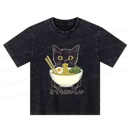 Tokyo-Tiger Ramen Lover Cute Cat Kids Washed T-Shirt