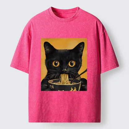 Tokyo-Tiger Cute Black Cat Eating A Big Bowl Of Ramen Washed T-Shirt