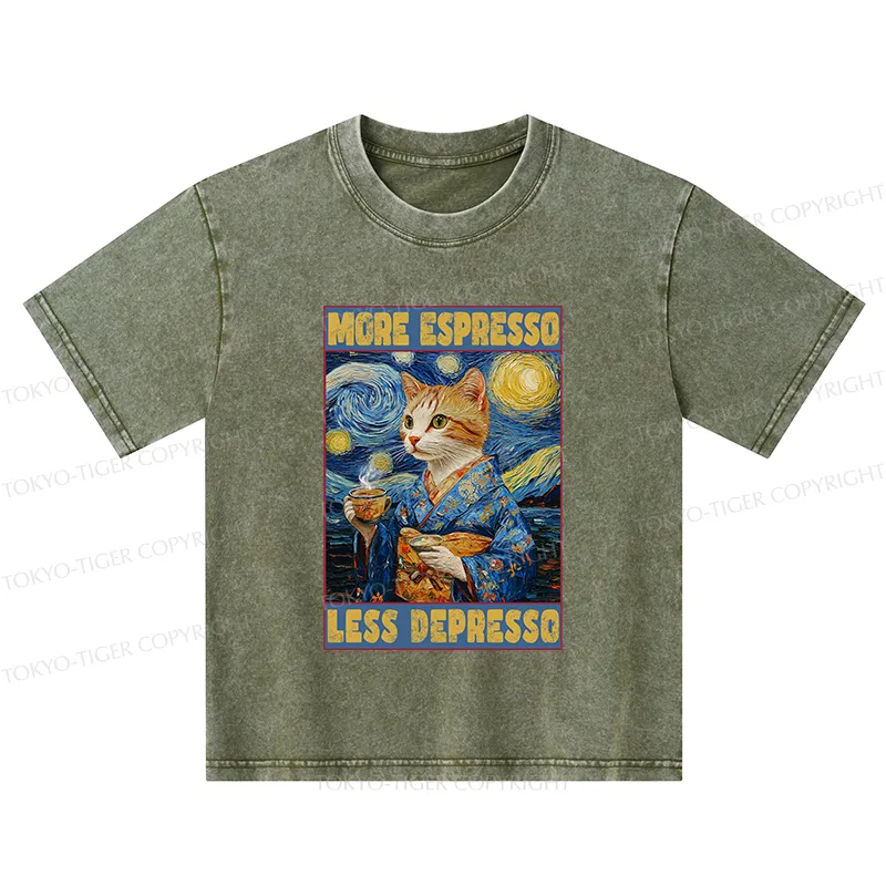 Tokyo-Tiger Funny More Espresso Less Depresso Kids Washed T-Shirt