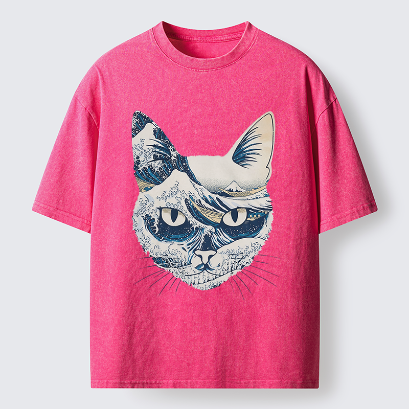 Tokyo-Tiger Ukiyo-e Waves And Cats Washed T-Shirt