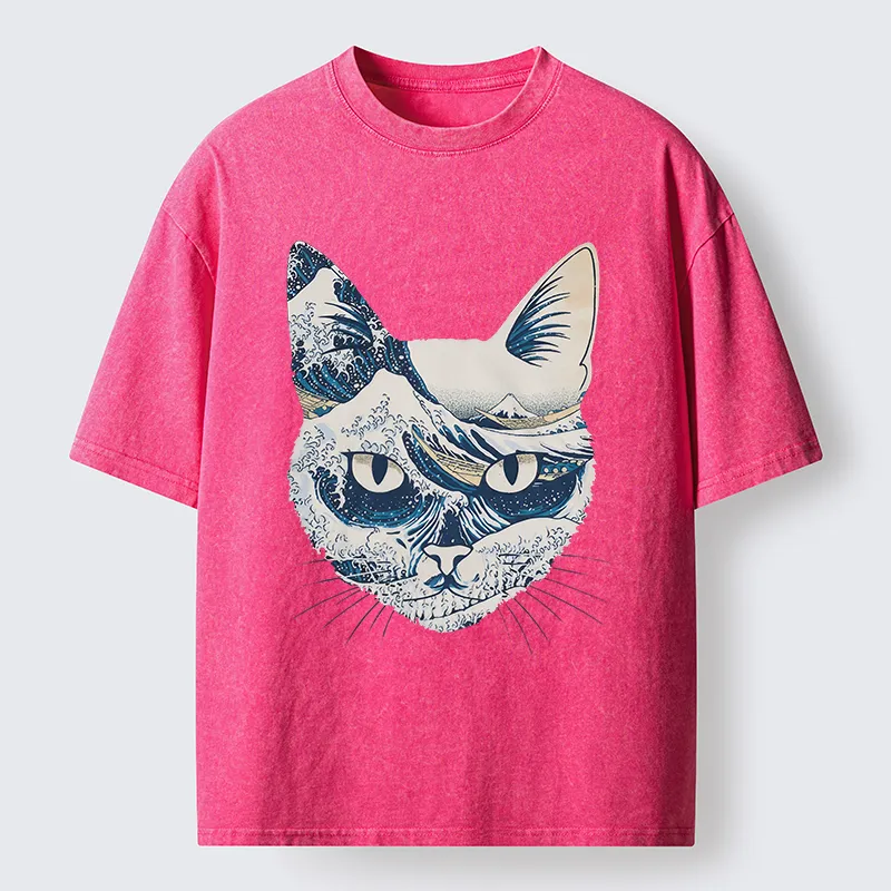 Tokyo-Tiger Ukiyo-e Waves And Cats Washed T-Shirt