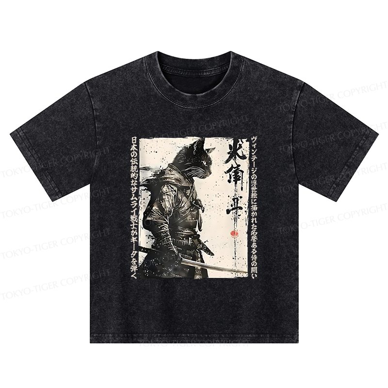 Tokyo-Tiger Cat Samurai Retro Kids Washed T-Shirt